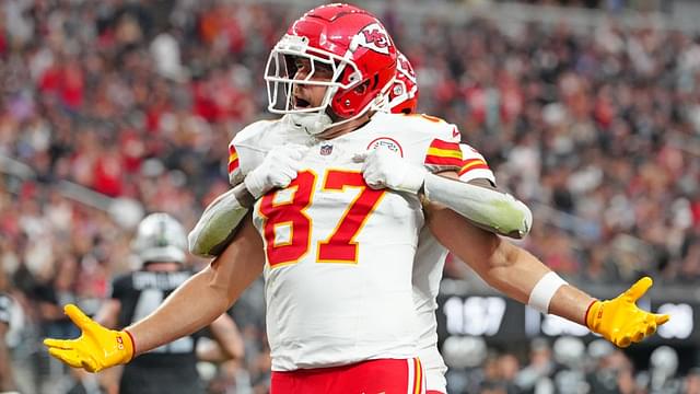 Oct 27, 2024; Paradise, Nevada, USA; Kansas City Chiefs tight end Travis Kelce (87) celebrates with wide receiver DeAndre Hopkins (8) after scoring a touchdown against the Las Vegas Raiders during the second quarter at Allegiant Stadium.