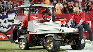 Tampa Bay Buccaneers wide receiver Chris Godwin (14) is carted off the field against the Baltimore Ravens in the fourth quarter at Raymond James Stadium.