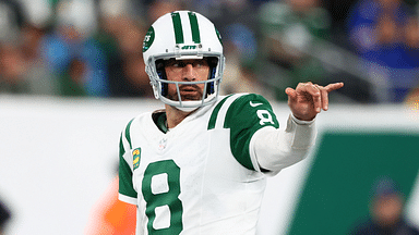 Jets quarterback Aaron Rodgers (8) during the first half of their game against the Buffalo Bills at MetLife Stadium.