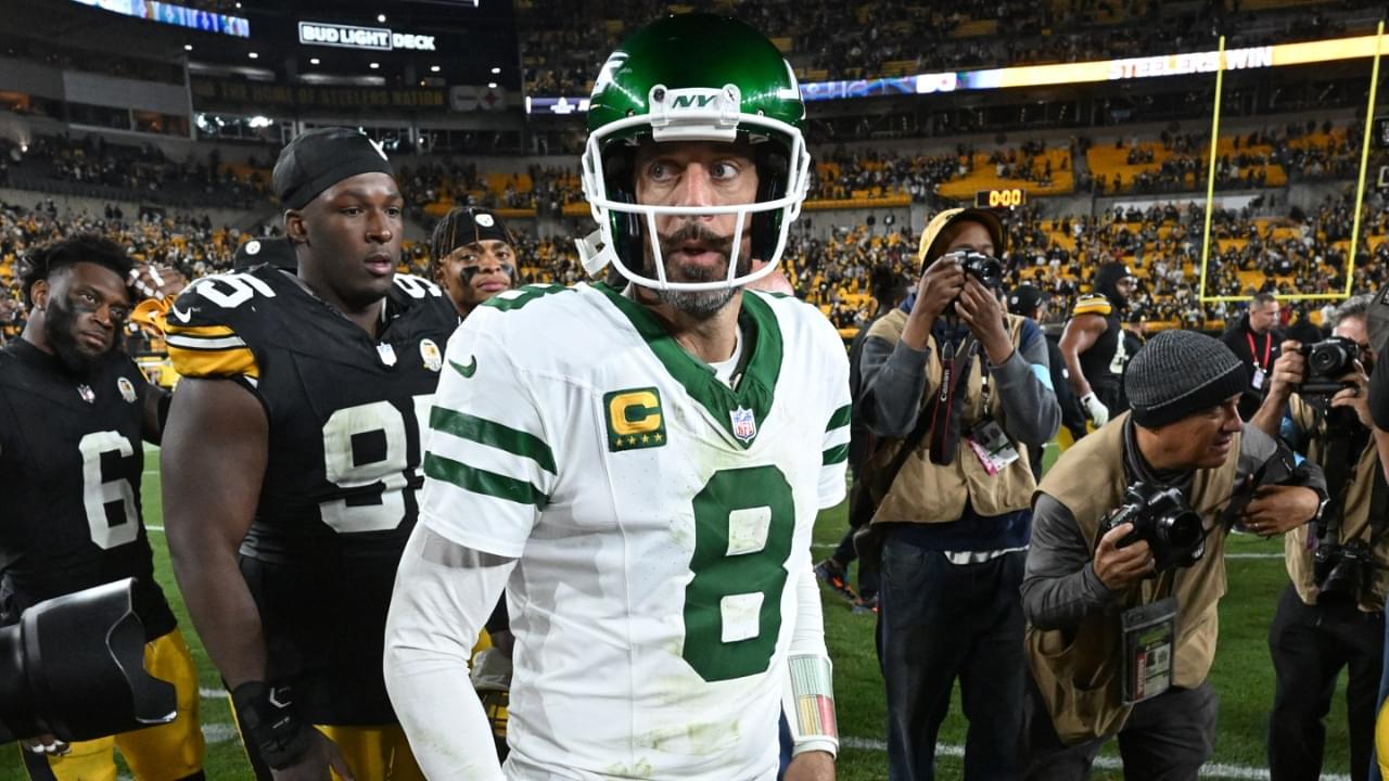 Oct 20, 2024; Pittsburgh, Pennsylvania, USA; New York Jets quarterback Aaron Rodgers (8) reacts following a loss to the Pittsburgh Steelers at Acrisure Stadium.