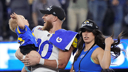 Los Angeles Rams wide receiver Cooper Kupp (10) celebrates with his wife Anna Kupp and son Cooper Kupp Jr. after Super Bowl LVI against the Cincinnati Bengals at SoFi Stadium. The Rams defeated the Bengals 23-20.