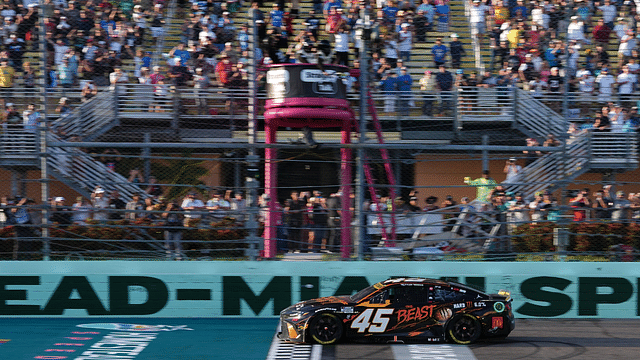 NASCAR Cup Series driver Tyler Reddick (45) crosses the start/finish line to win the Straight Talk Wireless 400 at Homestead-Miami Speedway.