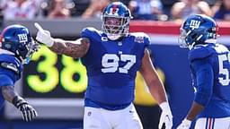 Oct 20, 2024; East Rutherford, New Jersey, USA; New York Giants defensive tackle Dexter Lawrence II (97) celebrates after a sack during the first half against the Philadelphia Eagles at MetLife Stadium.