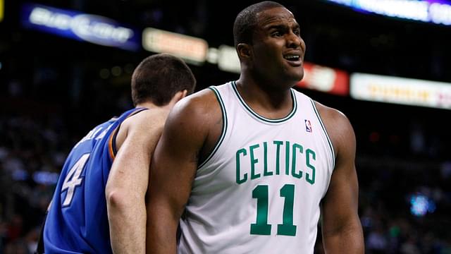 Boston Celtics forward Glen Davis (11) reacts to a call as they take on the Oklahoma City Thunder during the second half at the TD Banknorth Garden. Oklahoma City defeated Boston 104-109.