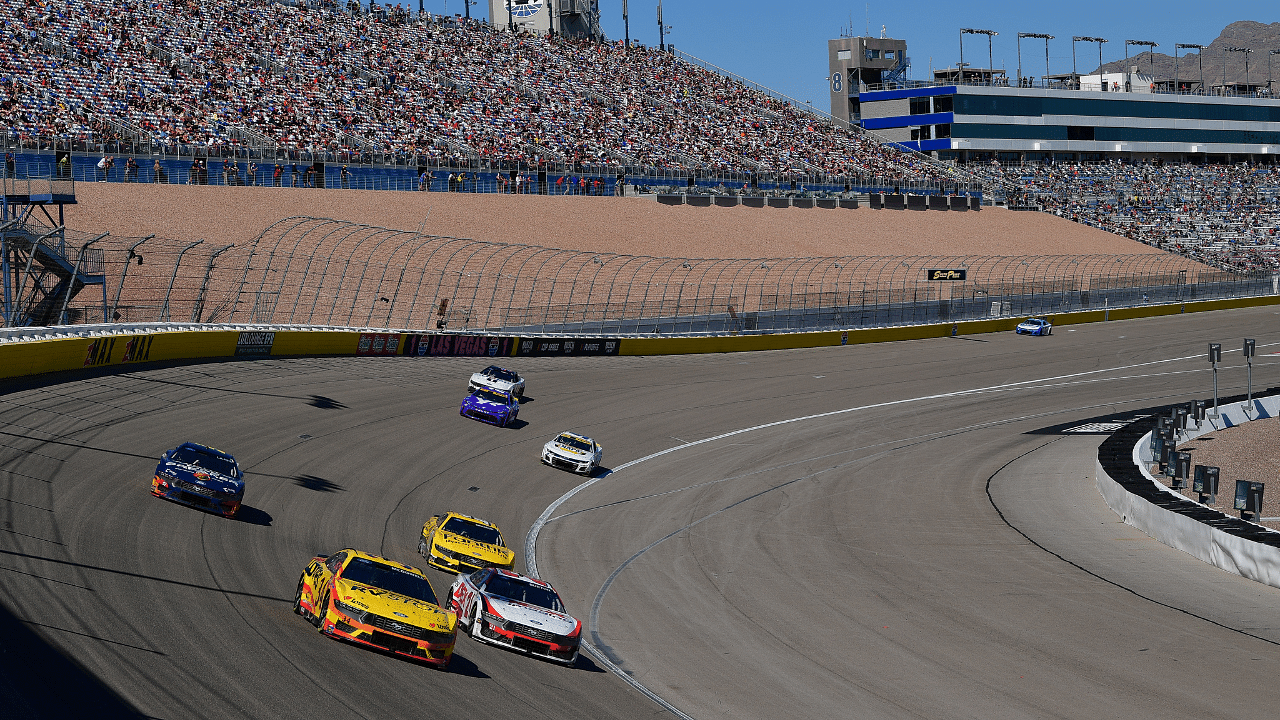 NASCAR Cup Series driver Michael McDowell (34) leads a group during the South Point 400 at Las Vegas Motor Speedway.