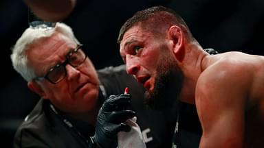 Khamzat Chimaev looks on from his corner during a welterweight bout against Gilbert Burns Saturday, April 9, 2022 during UFC 273 at VyStar Veterans Memorial Arena in Jacksonville. Chimaev won by unanimous decision.