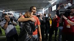 Ohio State Buckeyes quarterback C.J. Stroud hugs his mom, Kim Stroud, during Ohio State football s pro day at the Woody Hayes Athletic Center in Columbus