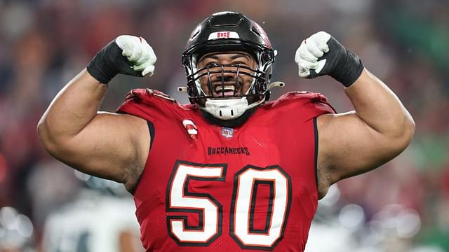 Tampa Bay Buccaneers defensive tackle Vita Vea (50) reacts after a play against the Philadelphia Eagles during the second half of a 2024 NFC wild card game at Raymond James Stadium.