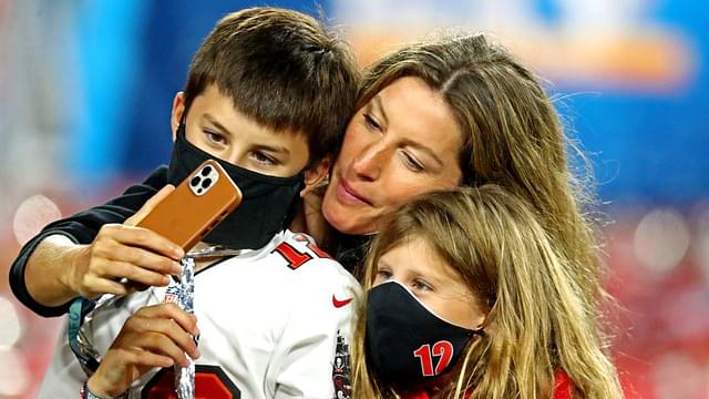 Tom Brady's wife Gisele Bundchen takes a selfie with her children Benjamin and Vivian after the Tampa Bay Buccaneers beat the Kansas City Chiefs in Super Bowl LV at Raymond James Stadium.