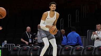 San Antonio Spurs center Victor Wembanyama (1) shoots the ball before the game against the Miami Heat at Kaseya Center.