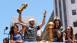 Golden State Warriors guard Stephen Curry (middle left) gestures while standing with wife Ayesha (far left) and guard Damion Lee (middle right) and his wife Sydel Curry (far right) during the Golden State Warriors championship parade in downtown San Francisco.