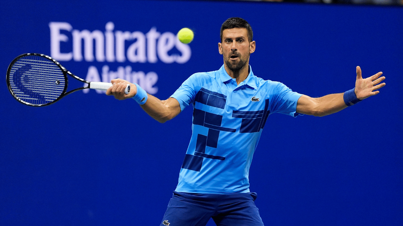 Novak Djokovic (SRB) hits to Alexei Popyrin (AUS) on day five of the 2024 U.S. Open tennis tournament at USTA Billie Jean King National Tennis Center.