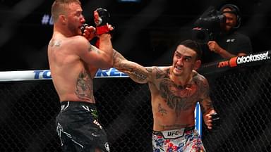 Max Holloway (blue gloves) fights Justin Gaethje (red gloves) during UFC 300 at T-Mobile Arena.