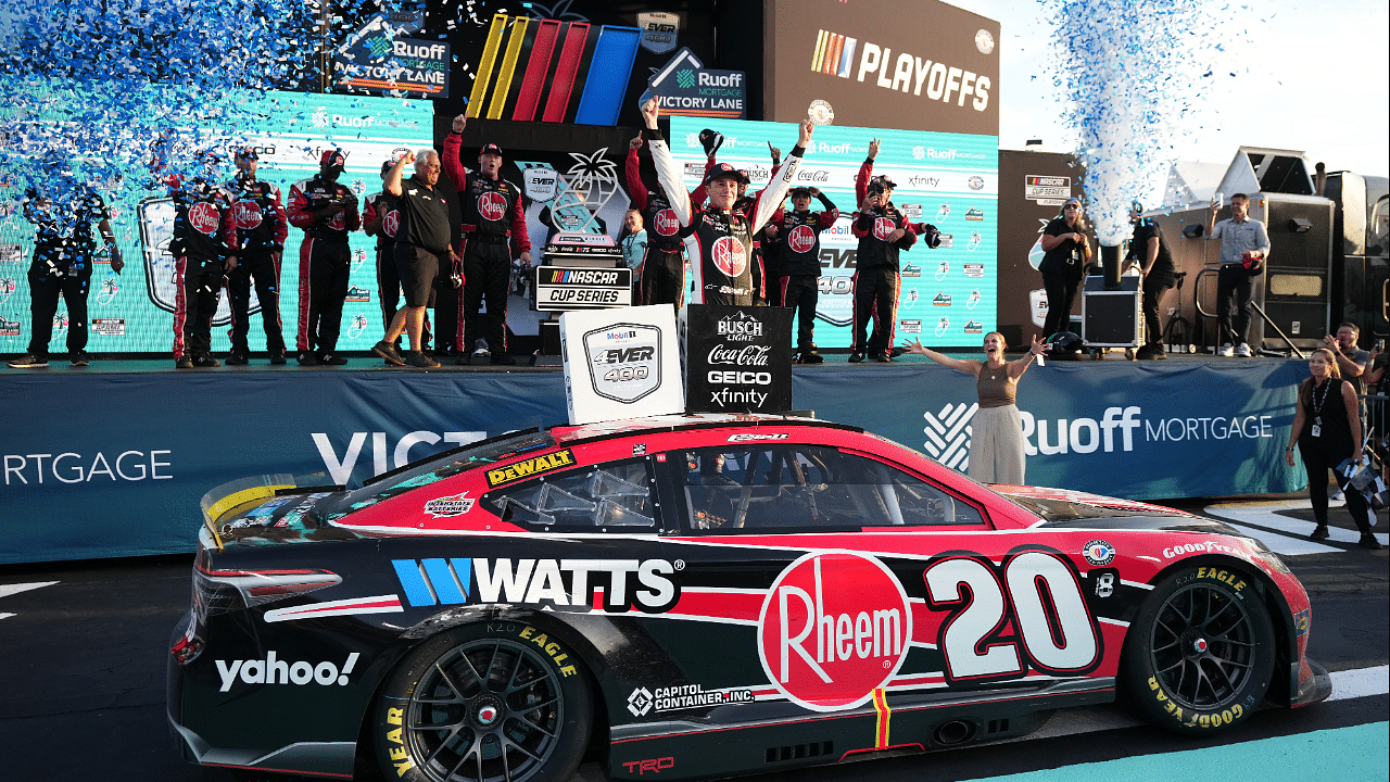 NASCAR Cup Series driver Christopher Bell (20) celebrates in victory lane after winning the 4EVER 400 presented by Mobil 1 at Homestead-Miami Speedway.