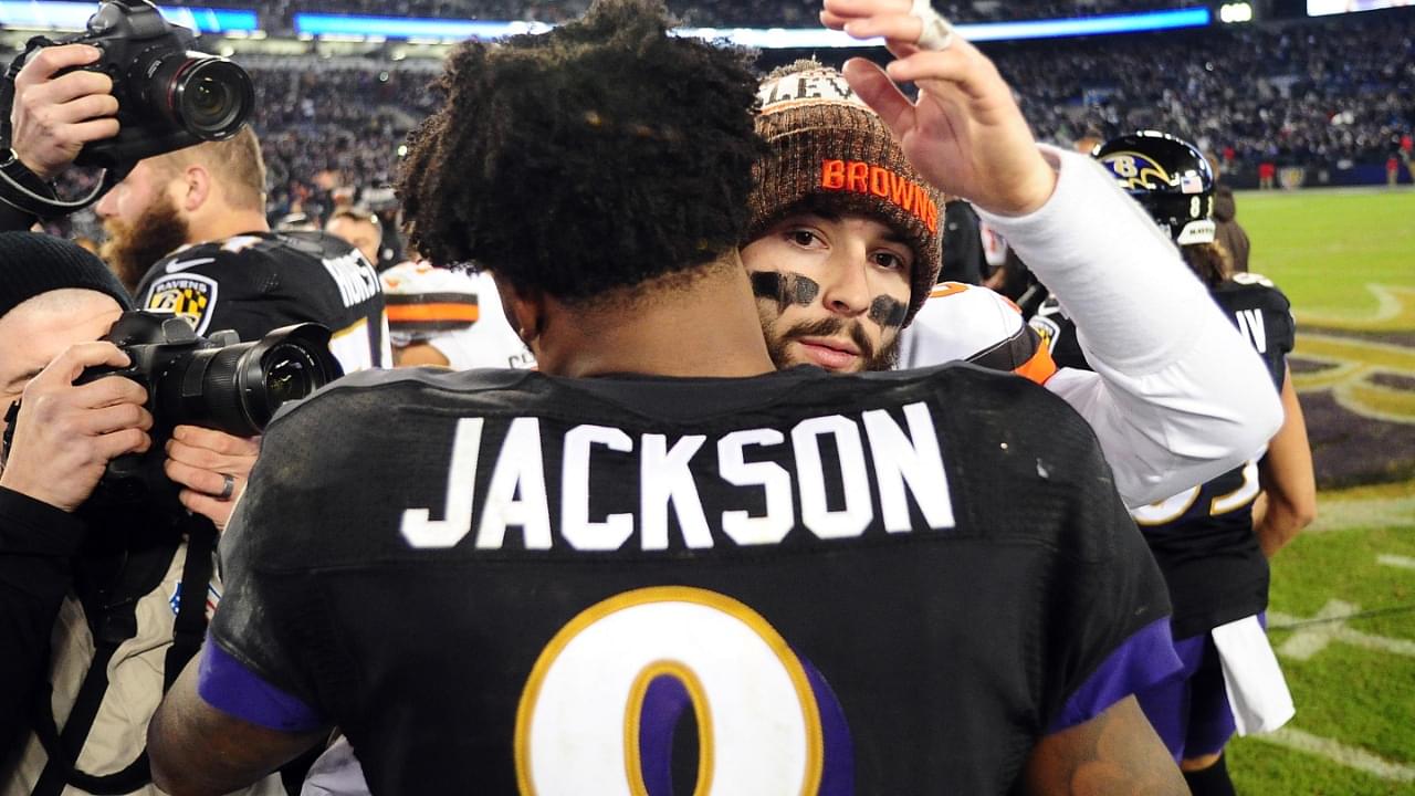 Dec 30, 2018; Baltimore, MD, USA; Baltimore Ravens quarterback Lamar Jackson (8) is congratulated by Cleveland Browns quarterback Baker Mayfield (6) after the game at M&T Bank Stadium.