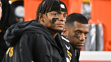 Pittsburgh Steelers quarterbacks Justin Fields (2) and Russell Wilson (3) watch the action against the New York Jets during the fourth quarter at Acrisure Stadium.