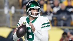 New York Jets quarterback Aaron Rodgers (8) looks to pass against the Pittsburgh Steelers during the first quarter at Acrisure Stadium.