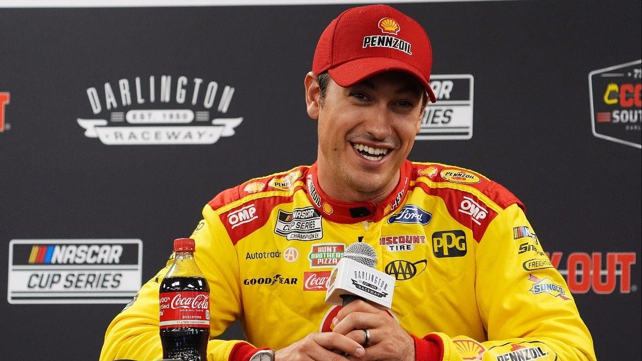 NASCAR Cup Series driver Joey Logano speaks with the media prior to practice for the Cook Out Southern 500 at Darlington Raceway.