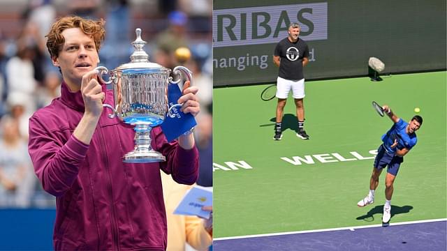 Jannik Sinner lifts the US Open 2024 trophy (L) and Goran Ivanisevic and Novak Djokovic train with each other (R)