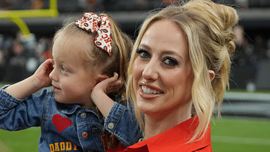 Oct 27, 2024; Paradise, Nevada, USA; Brittany Mahomes, the wife of Kansas City Chiefs quarterback Patrick Mahomes (15) holds daughter Sterling Mahomes during the game against the Las Vegas Raiders at Allegiant Stadium. Mandatory Credit: Kirby Lee-Imagn Images