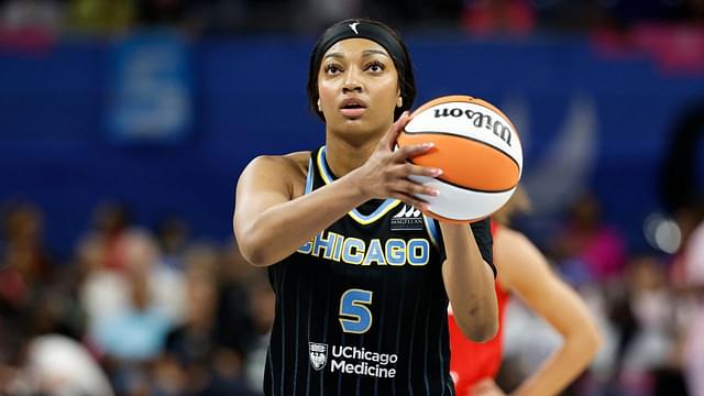 Chicago Sky forward Angel Reese (5) shoots a free throw against the Indiana Fever during the second half at Wintrust Arena