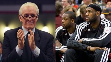 Pat Riley(L) and Dwyane Wade, LeBron James(R)