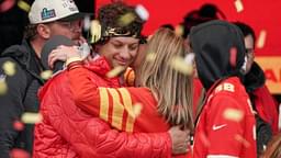 Kansas City Chiefs quarterback Patrick Mahomes (15) embraces his mother Randi Martin during the Kansas City Chiefs Super Bowl parade.