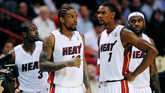 Miami Heat players (from left) guard (3) Dwyane Wade , forward (40) Udonis Haslem , forward (1) Chris Bosh and forward (6) LeBron James against the Phoenix Suns at the American Airlines Arena. Miami defeated Phoenix 123-96.