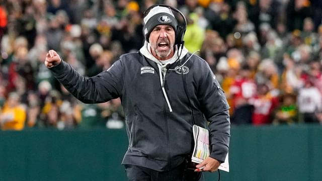 Nov 24, 2024; Green Bay, Wisconsin, USA; San Francisco 49ers head coach Kyle Shanahan argues with an official during the second quarter against the Green Bay Packers at Lambeau Field.