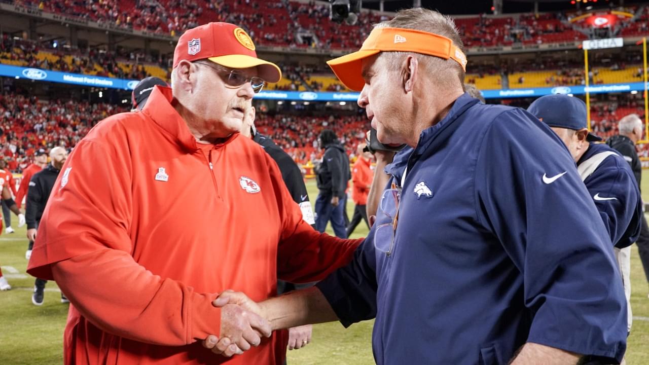 Oct 12, 2023; Kansas City, Missouri, USA; Kansas City Chiefs head coach Andy Reid shakes hands with Denver Broncos head coach Sean Payton after the game at GEHA Field at Arrowhead Stadium.