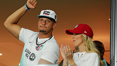 Patrick Mahomes and Brittany Mahomes cheer during the game between the Kansas City Current and Atletico De Madrid during The Women’s Cup at CPKC Stadium.