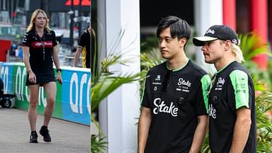 Ruth Buscombe(L), Zhou Guanyu(C), Valtteri Bottas(R)