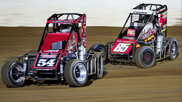 Steve Bordner driver Matt Westfall (54) Central Motorsports driver Jerry Coons Jr. (85) competes Thursday, Sept. 28, 2023, during qualifying for the NOS Energy Drink National Midget Championship Championship at the Indianapolis Motor Speedway.