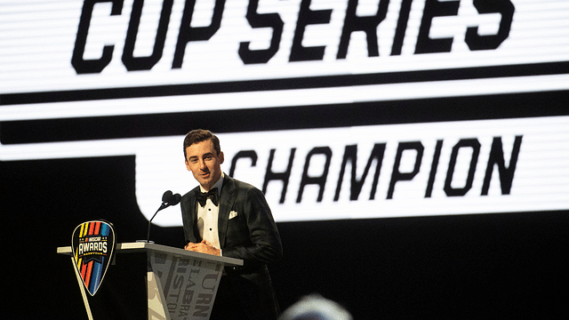 Ryan Blaney gives his thank you speech on winning the NASCAR Cup Series Championship at the 2023 NASCAR Award Banquet at Music City Center in Nashville, Tenn., Thursday, Nov. 30, 2023. (Stephanie Amador/The Tennessean via AP)