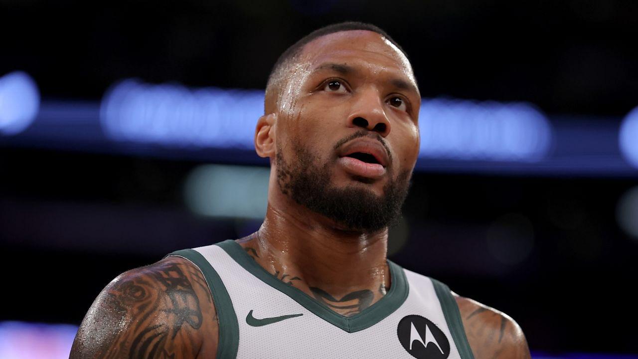 Milwaukee Bucks guard Damian Lillard (0) reacts during the second quarter against the New York Knicks at Madison Square Garden.