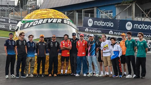 Brazilian Grand Prix 2024 emspor, v l All Formula 1 drivers stand in a replica of the Senna helmet, created by a local artist in collaboration with Sebastian Vettel