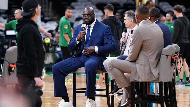 Shaquille O'Neal speaks on a broadcast before game two between the Boston Celtics and the Dallas Mavericks in the 2024 NBA Finals at TD Garden.