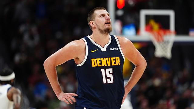 Denver Nuggets center Nikola Jokic (15) reacts in the second half against the Dallas Mavericks at Ball Arena.