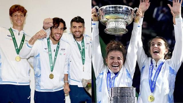 Jannik Sinner-led Italian Davis Cup team (L) and Jasmine Paolini-led Billie Jean King Cup team (R)