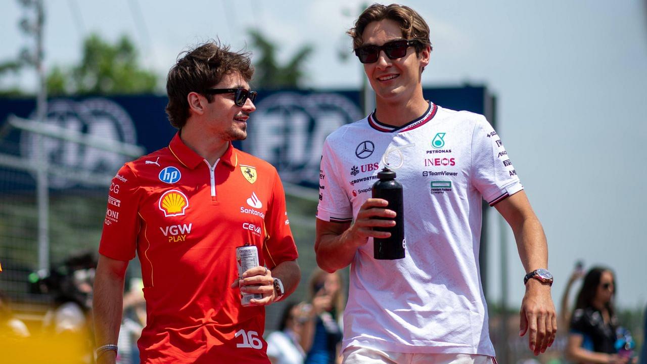 Charles Leclerc Scuderia Ferrari HP, 16 , George Russell Mercedes AMG Petronas Formula One Team, 63 at the drivers parade, ITA, Formula 1 World Championship, Grand Prix Emilia Romagna Imola