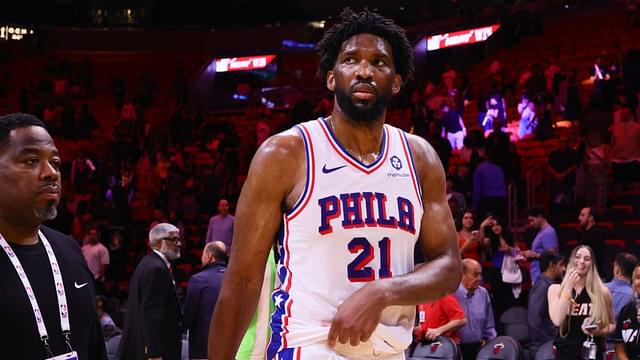 Philadelphia 76ers center Joel Embiid (21) looks on after the game against the Miami Heat at Kaseya Center.