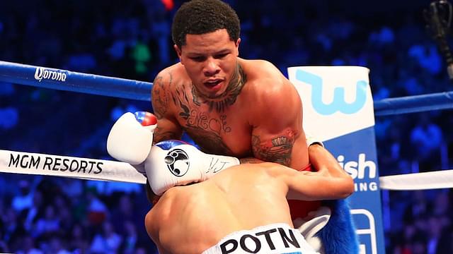 Francisco Fonseca is brought down by Gervonta Davis during a boxing match at T-Mobile Arena.