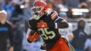 Nov 3, 2024; Cleveland, Ohio, USA; Cleveland Browns tight end David Njoku (85) runs the ball against the Los Angeles Chargers during the second quarter at Huntington Bank Field.