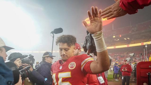 Kansas City Chiefs quarterback Patrick Mahomes (15) leaves the field after the win over the Tampa Bay Buccaneers at GEHA Field at Arrowhead Stadium.