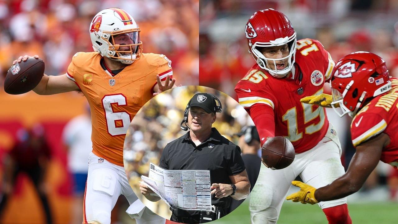 Baker Mayfield, Jon Gruden and Patrick Mahomes