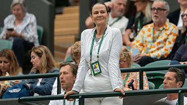 Former player and TV Commentator, Pam Shriver in attendance as coach for Donna Vekic of Croatia (not shown) during her match against Lulu Sun of New Zealand (not shown)