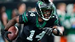 New York Jets wide receiver Malachi Corley (14) is shown as he prepares for the game, Thursday, October 31, 2024, in East Rutherford.