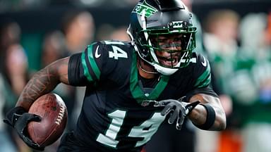 New York Jets wide receiver Malachi Corley (14) is shown as he prepares for the game, Thursday, October 31, 2024, in East Rutherford.