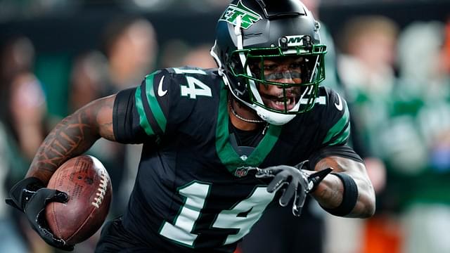 New York Jets wide receiver Malachi Corley (14) is shown as he prepares for the game, Thursday, October 31, 2024, in East Rutherford.