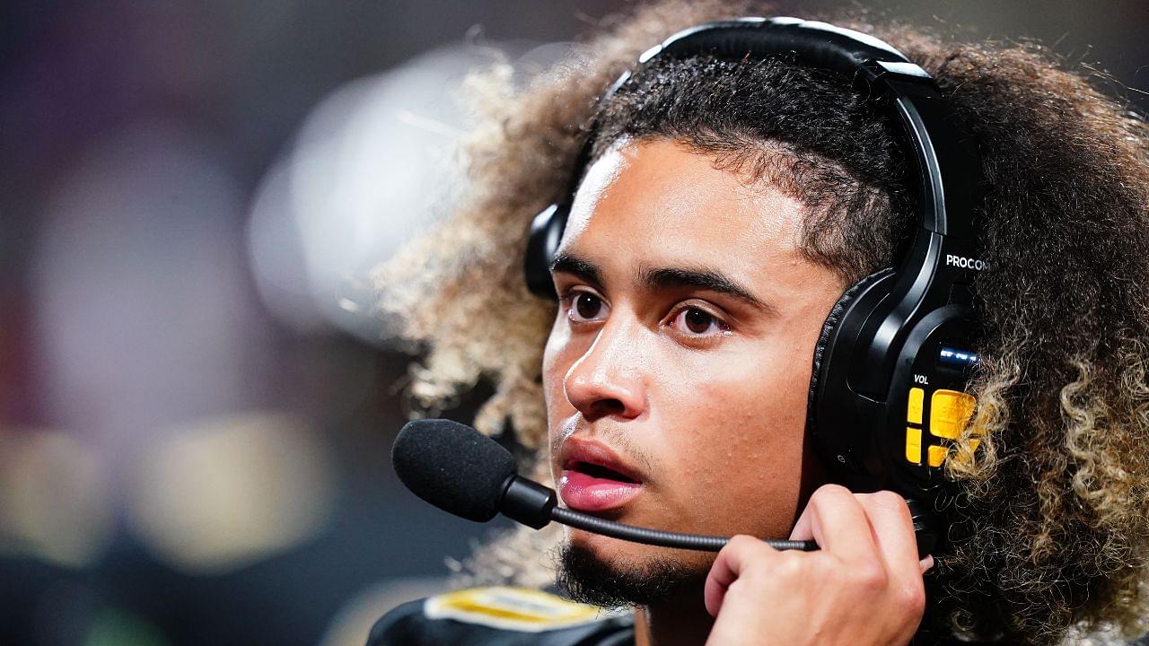 Carrollton Trojans quarterback Julian Lewis (10) watches on from the sidelines against the Westlake Lions during the first half at Grisham Stadium. The 15-year-old Carrollton High student has already committed to playing for the University of Southern California Trojans and has been considered one of the top high school quarterback prospects.